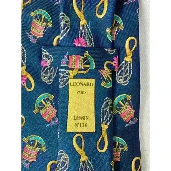 Leonard‎ Paris Silk Necktie Italy Blue N120 Designer Geometric Mens - Picture 4 of 8